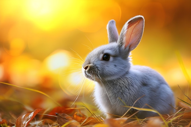 white rabbit among autumn leaves background