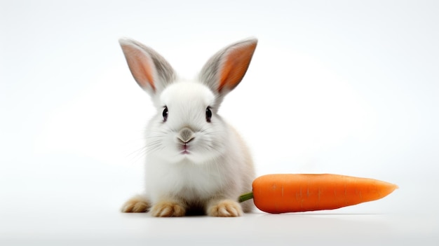 White Rabbit and Carrot on a white background With copy space Easter bunny Suitable for various uses such as pet food advertisements or wildlife humor content