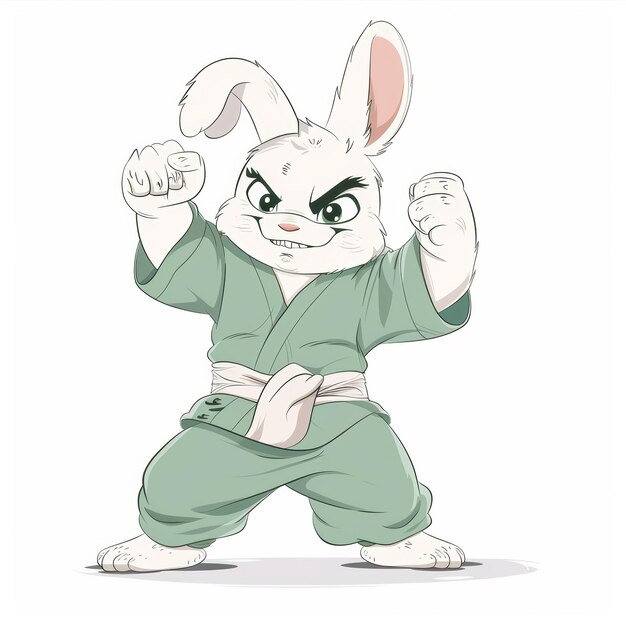 Photo a white rabbit in a green karate gi with a white belt stands in a fighting stance looking fierce