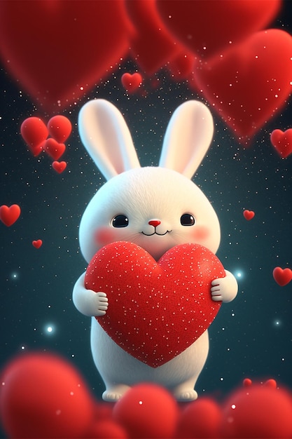 White rabbit holding a red heart in its paws generative ai