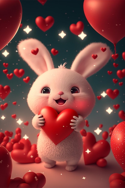 White rabbit holding a red heart surrounded by hearts generative ai