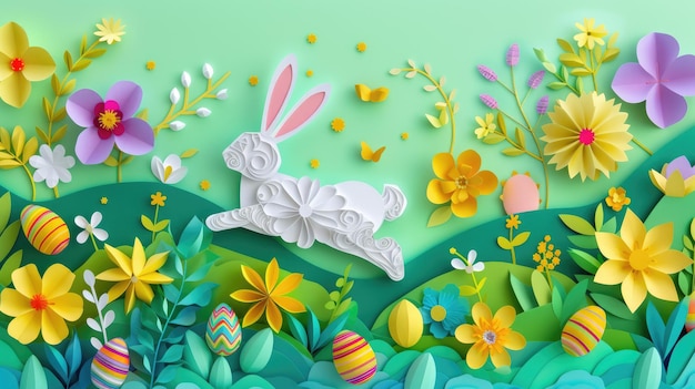 A white rabbit hops among flowers and eggs in the field aige