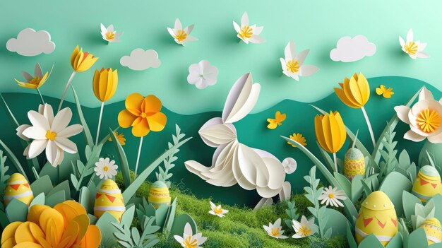 A white rabbit hops among flowers and eggs in the field aige