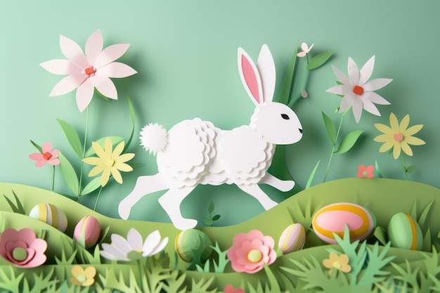 A white rabbit hops among flowers and eggs in the field aige