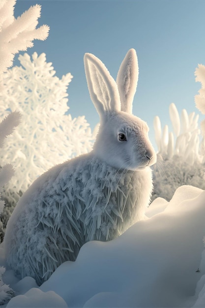 White rabbit is sitting in the snow generative ai