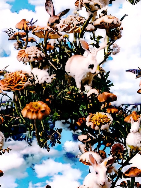 a white rabbit is in the sky among the flowers