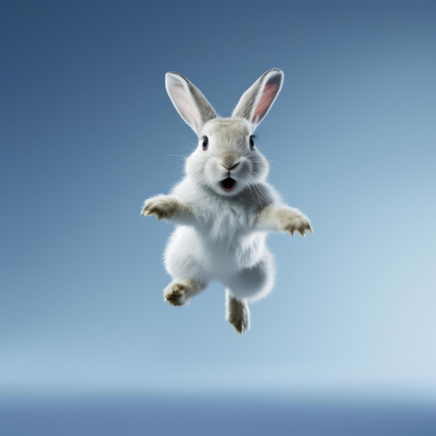 Photo a white rabbit jumping in the air