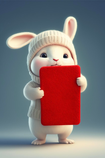 White rabbit in a knitted hat holding a red sign generative ai