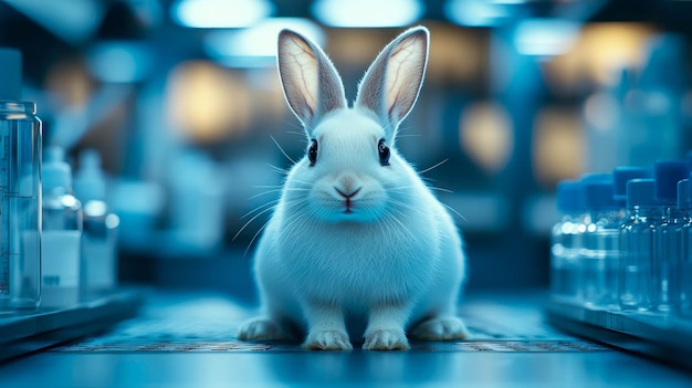 A white rabbit in a laboratory setting symbolizing scientific research