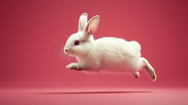 White Rabbit Leaping in MidAir Against a Pink Background