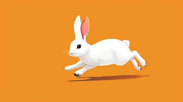 Photo a white rabbit leaps in the air against an orange background