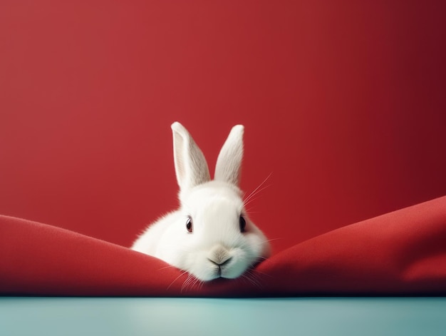 White rabbit peeks out with interest from behind a red curtain