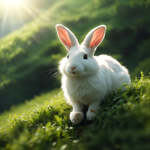 A white rabbit perched atop a lush green hill its fur glistening in the sunlight