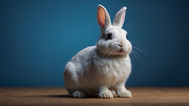 White Rabbit Posing Against a Blue Background