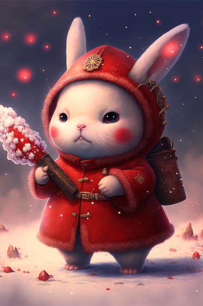 White rabbit in a red coat holding a snowball generative ai