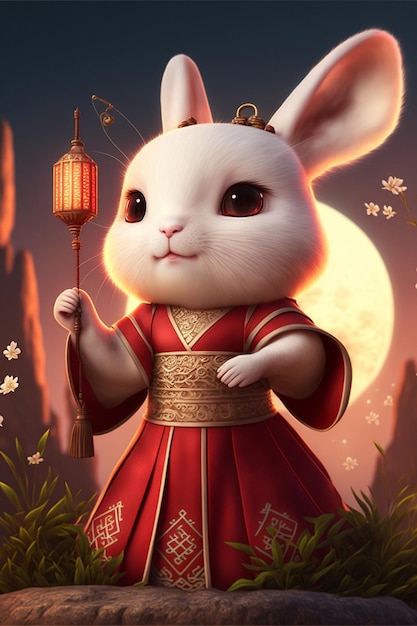 White rabbit in a red dress holding a lantern generative ai