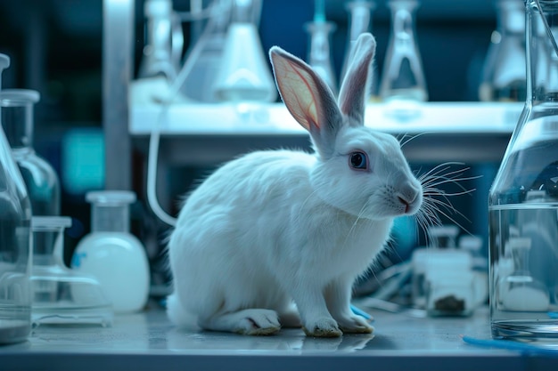 A White rabbit in scientific lab experiment