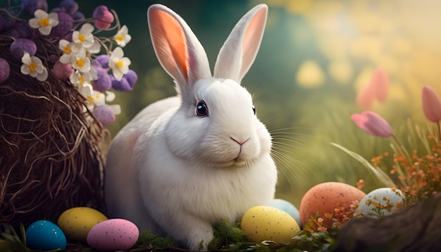 A white rabbit sits in a basket surrounded by easter eggs.