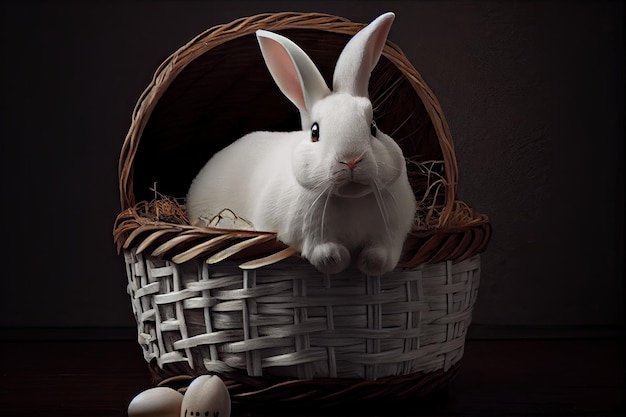 A white rabbit sits in a basket with a basket with a number 1 on it