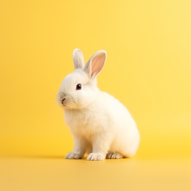 A white rabbit sits in front of a yellow background.