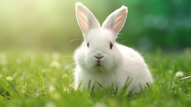 A white rabbit sits in the grass in front of a bright green background.