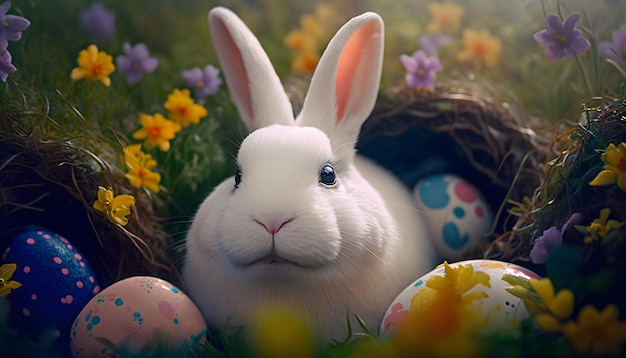 A white rabbit sits in a nest of easter eggs.