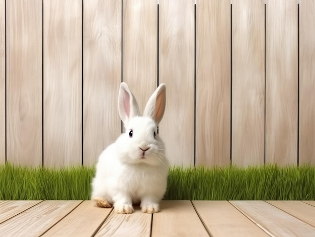 A white rabbit sits on a wooden floor near green grass against the background of a wall of panels