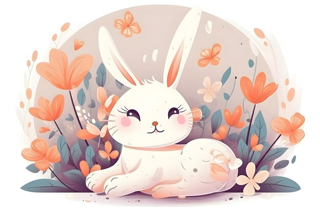 White rabbit sitting in field of flowers with butterfly in the background Generative AI