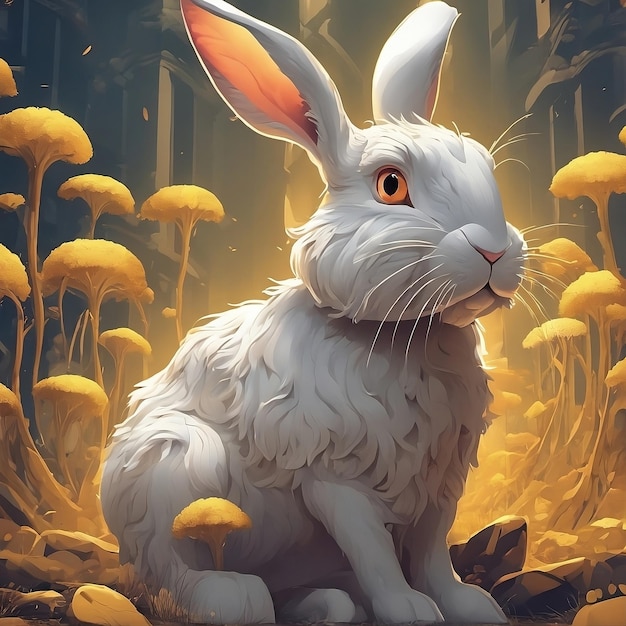 a white rabbit sitting in the middle of a forest ai generated images