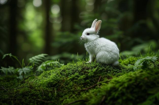 White rabbit sitting on a mossy mound in a lush green forest