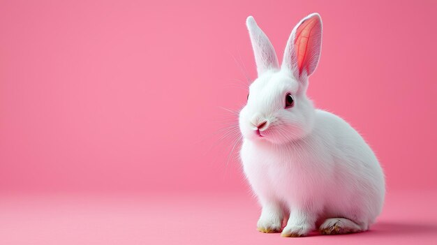 White Rabbit Sitting on Pink Background