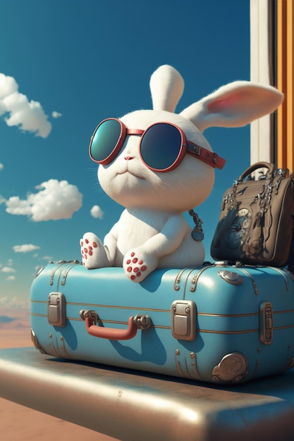 White rabbit sitting on top of a blue suitcase Generative Ai