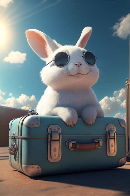 White rabbit sitting on top of a blue suitcase Generative Ai