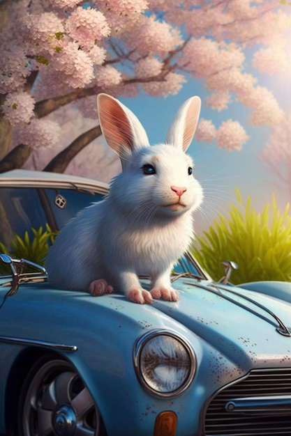 White rabbit sitting on top of car with it generative ai