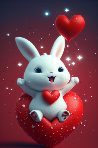 White rabbit sitting on top of a red heart generative ai