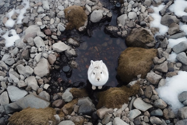 A white rabbit stands on a rocky beach in the arctic.