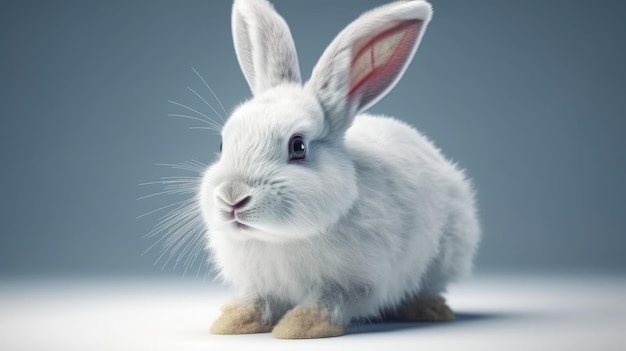 A white rabbit with a big white face sits in front of a grey background.