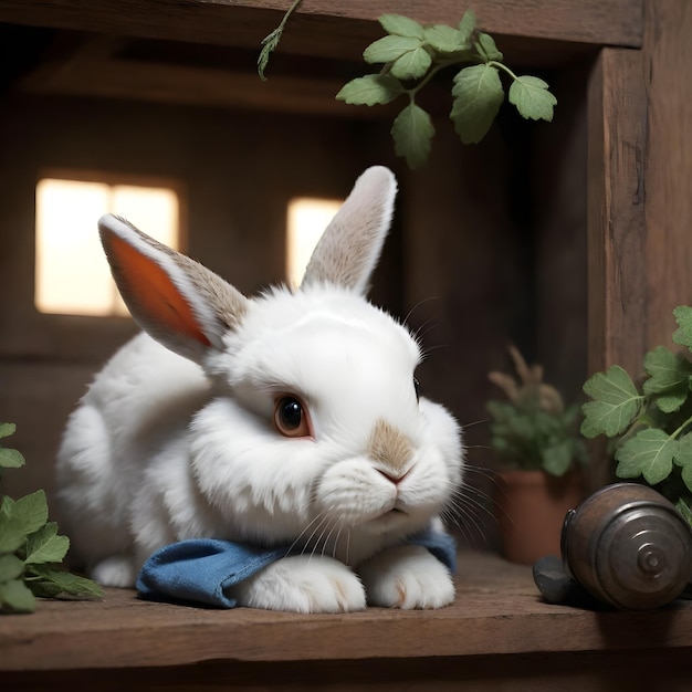 a white rabbit with a blue bow tie sits on a shelf