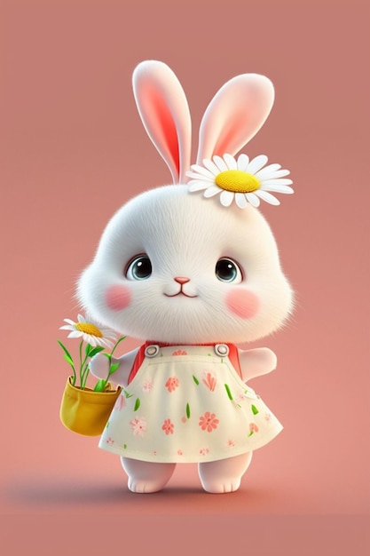 White rabbit with flower in dress and basket generative ai