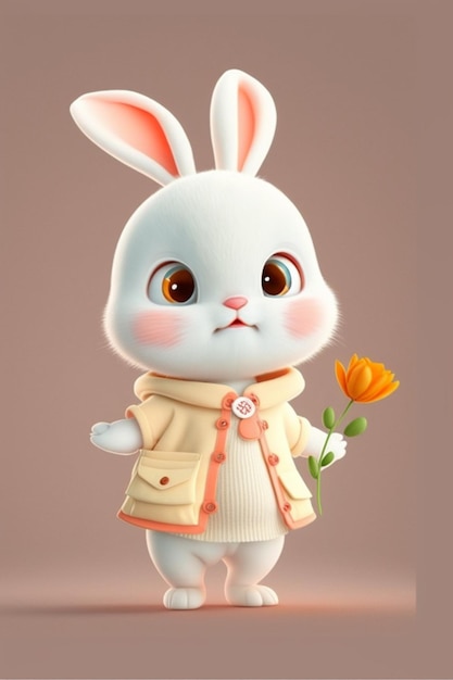 White rabbit with flower in its hand generative ai