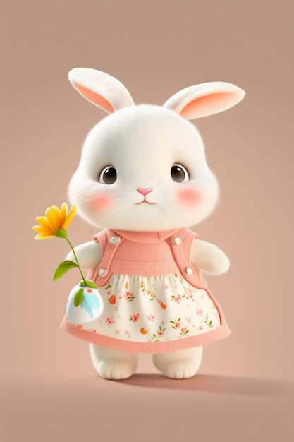 White rabbit with flower in pink dress generative ai