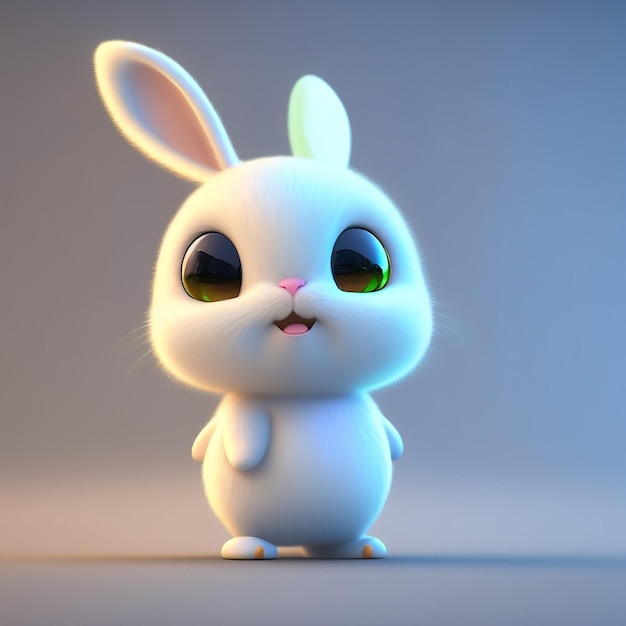 A white rabbit with green eyes is standing in front of a grey background.