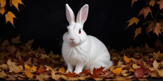 Photo a white rabbit with long ears sitting on a bed of autumn leaves against a dark background