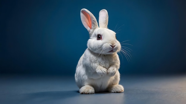 White Rabbit with Pink Ears on a Blue Background