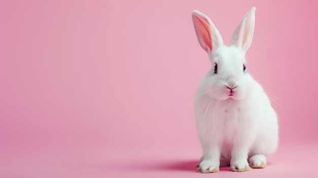 A white rabbit with pink ears sits on a pink background