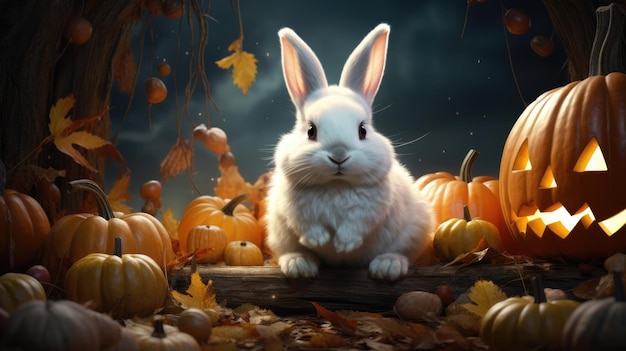 White rabbit with pumpkin jackolantern for Halloween