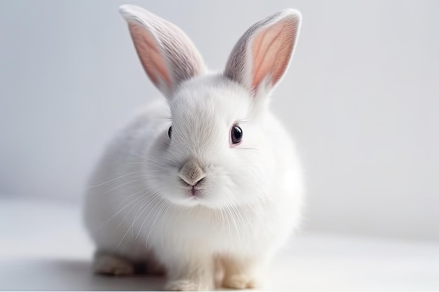 A white rabbit with a white face and a black nose.