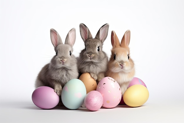 White rabbits family and colorfull easter eggs on isolate white background Generative ai