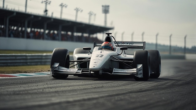 Photo a white race car with a driver wearing a red helmet drives on a race track