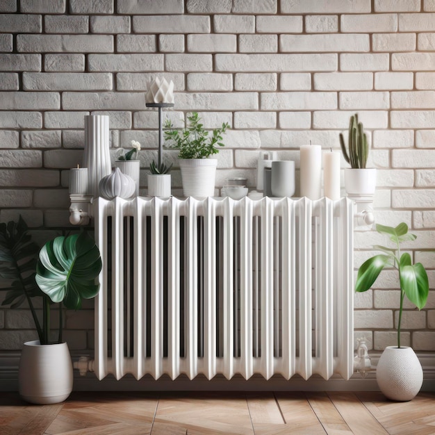 White Radiator on brick wall background ai generative